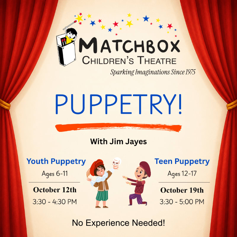 Red curtains frame a poster for Matchbox Children's Theatre's "Puppetry!" event, featuring cartoon children in the foreground and the theatre's logo and event details in the background.