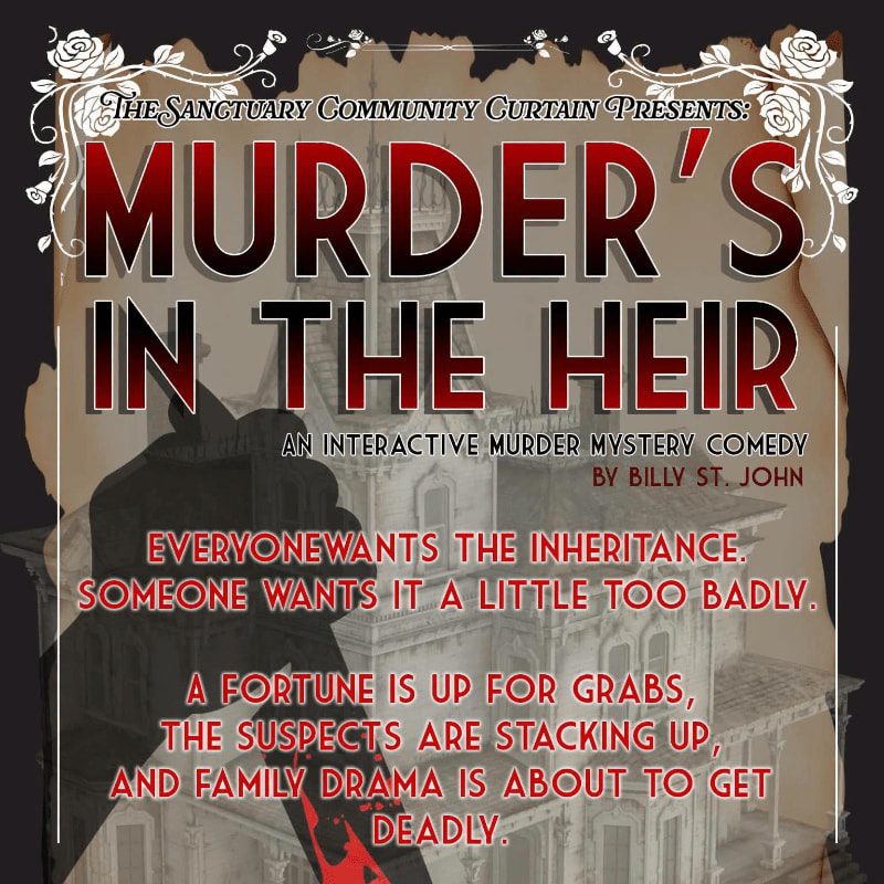 A shadowy figure stands before a grand, old house, advertising "Murder's In The Heir," an interactive murder mystery comedy.