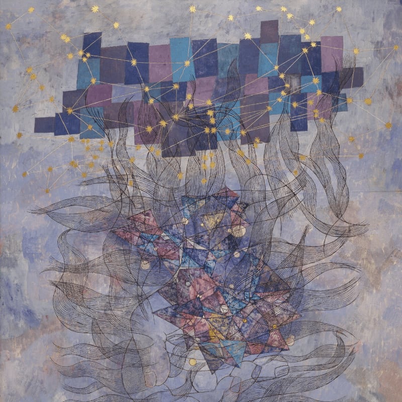 A cluster of geometric shapes and swirling lines in the foreground rises towards a grid of purple and blue squares with golden dots in the background.