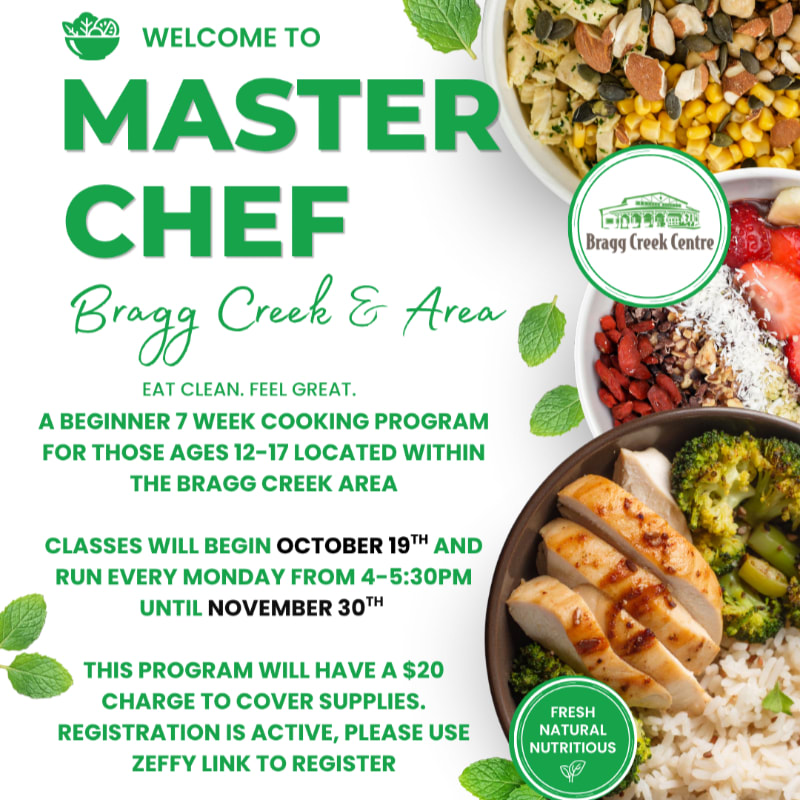 A flyer for a Master Chef cooking program for teens is displayed with images of healthy food in the background.