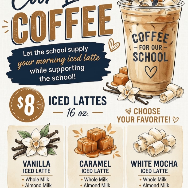 A large iced latte with caramel and vanilla accents sits in the foreground, while the background features text promoting iced lattes for school fundraising.