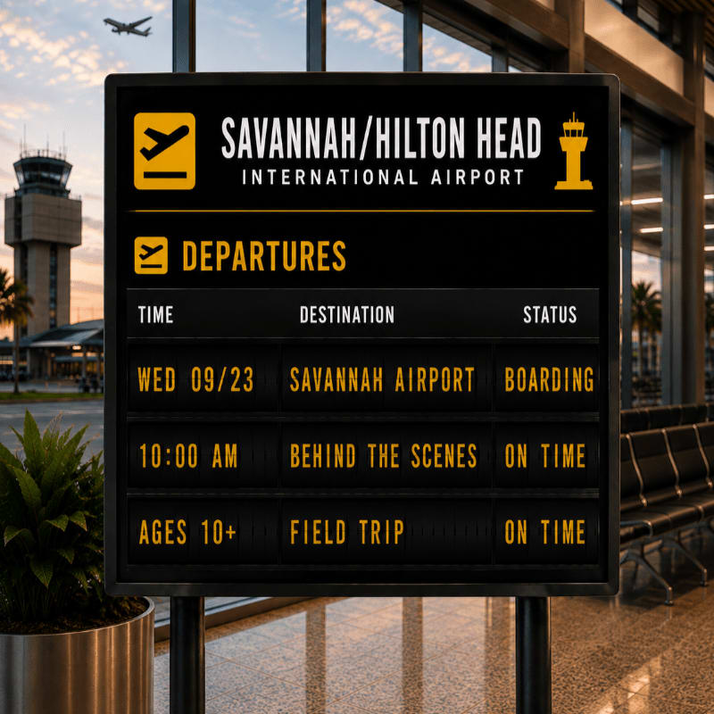A departures board for Savannah/Hilton Head International Airport is in the foreground, with an airport terminal and a plane in the background.