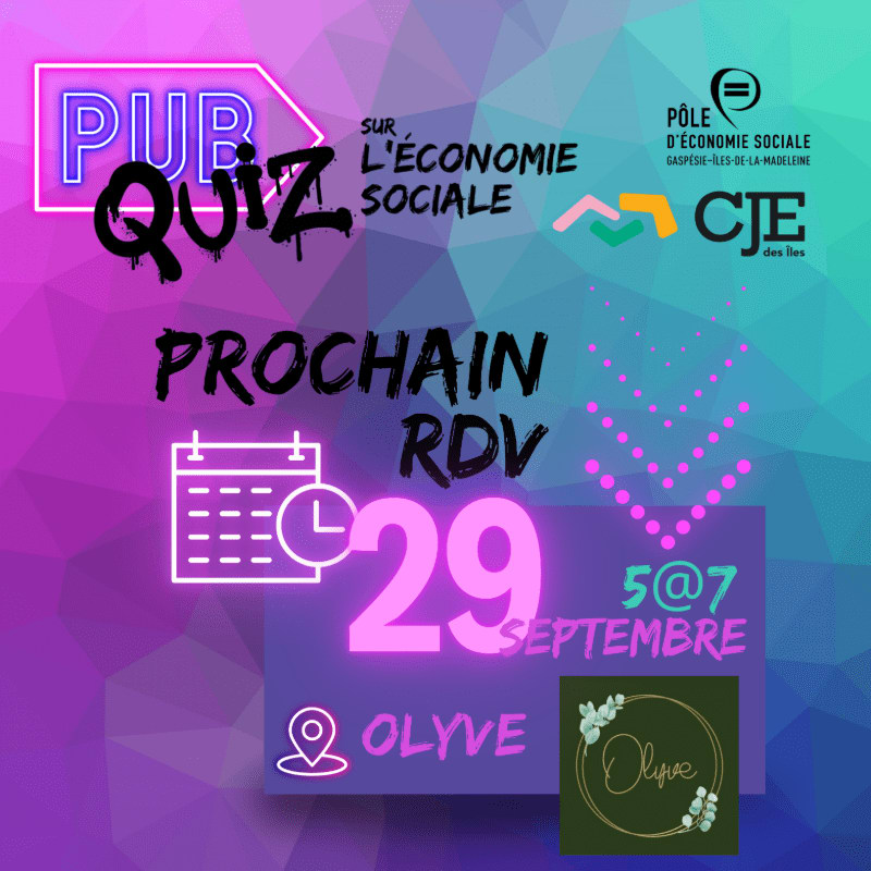 A neon "PUB QUIZ" sign hovers over a calendar icon and the date "29 SEPTEMBER" in the foreground, set against a blurred background of logos and text related to social economy events.