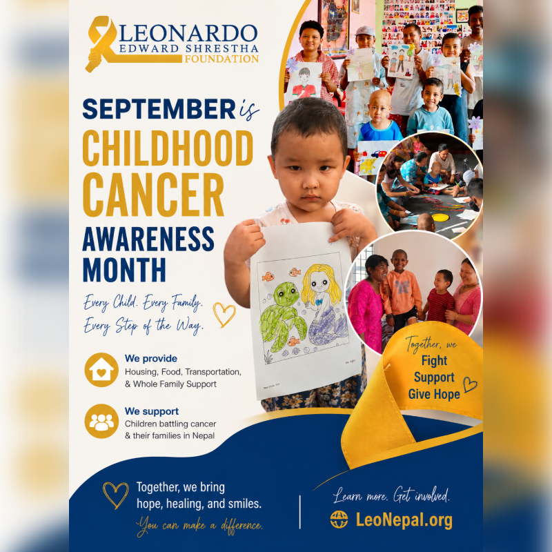 A young boy holds up a drawing in the foreground, while the background features a collage of children and text promoting Childhood Cancer Awareness Month.