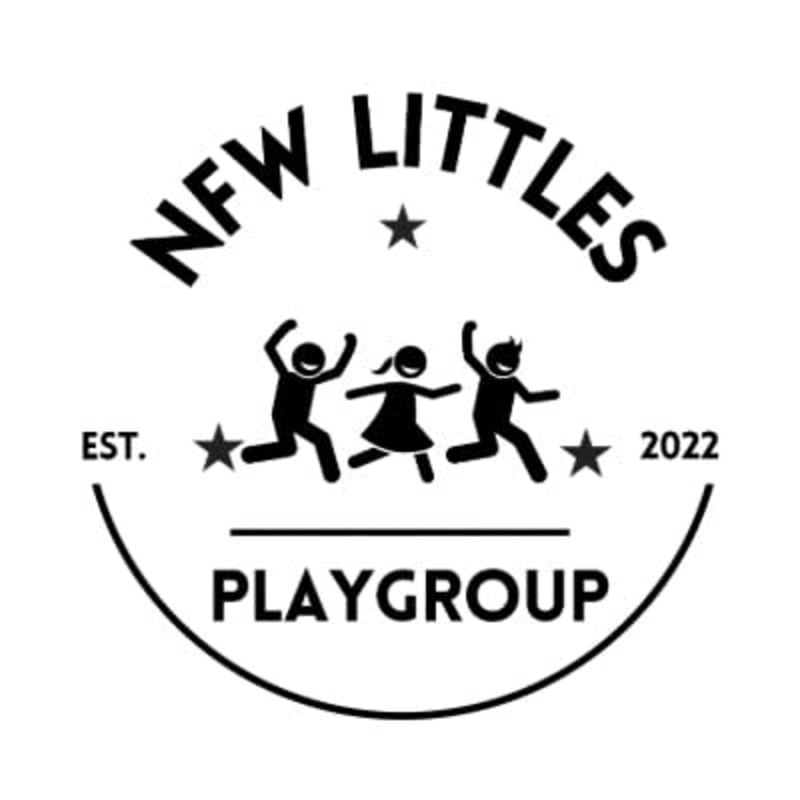 Three silhouetted children joyfully run across the foreground of a circular logo that reads "NFW Littles Playgroup" with "EST. 2022" on either side.