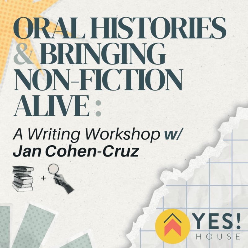 In the foreground, a graphic advertises a writing workshop with Jan Cohen-Cruz, featuring icons of books and a magnifying glass, while the background is a textured, cream-colored paper with abstract yellow and white shapes.