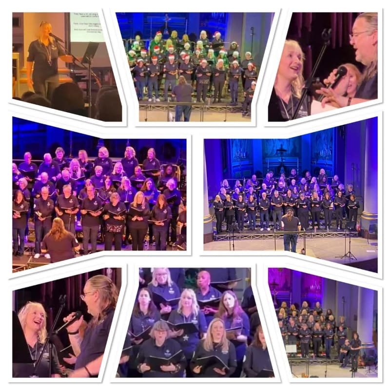 A collage of choir performances, with singers in the foreground and a conductor or audience in the background of each panel.