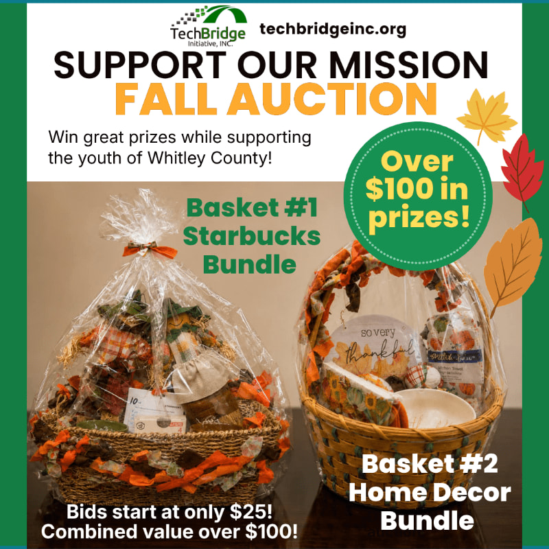 Two fall-themed gift baskets, one a Starbucks bundle and the other home decor, are displayed in the foreground against a green background with autumn leaf graphics and auction details.