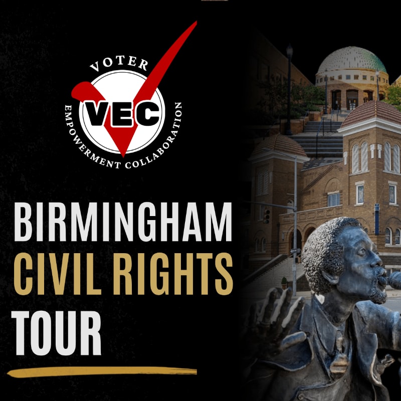 A statue of a man speaking is in the foreground, with buildings and the "Voter Empowerment Collaboration" logo in the background.