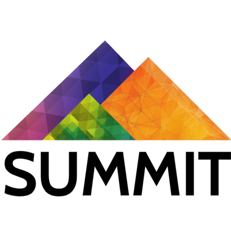 Colorful geometric mountains rise above the bold black text "SUMMIT" on a white background.