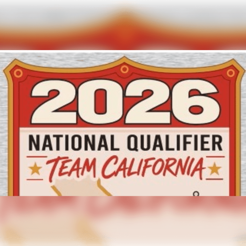 A red and gold shield with "2026 NATIONAL QUALIFIER TEAM CALIFORNIA" prominently displayed in the foreground, overlays a faint map of California in the background.