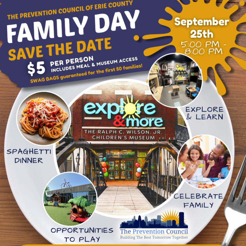 A plate with images of spaghetti, a children's museum, and a family eating, is set against a background advertising "Family Day" with event details.