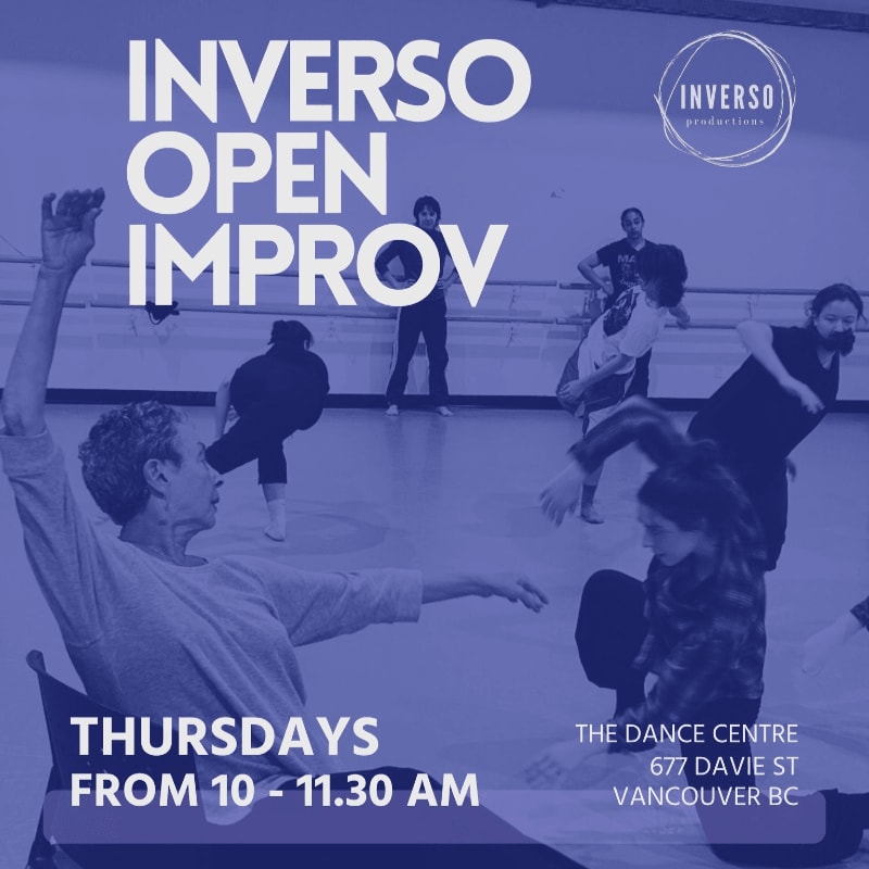 In the foreground, a man in a grey shirt with his arm raised participates in an improv class, while in the background, several other individuals are engaged in various dance-like movements within a studio setting.