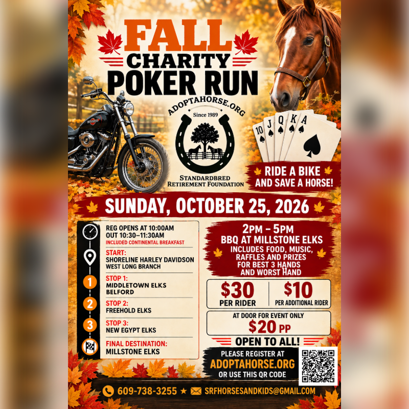 A motorcycle and playing cards are in the foreground, with a horse and autumn leaves in the background of a charity poker run advertisement.