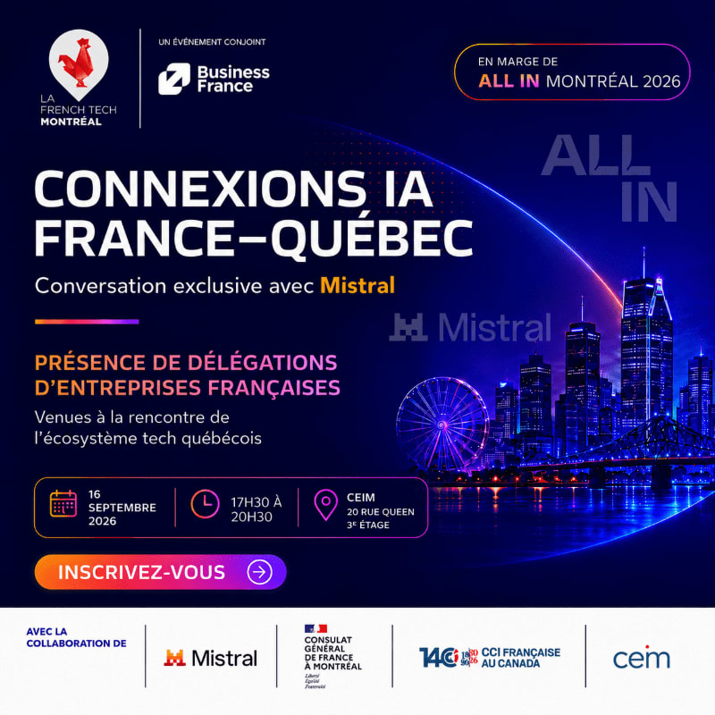 A dark blue poster advertises a France-Quebec AI connection event in Montreal, featuring a city skyline with a Ferris wheel in the background and event details in the foreground.