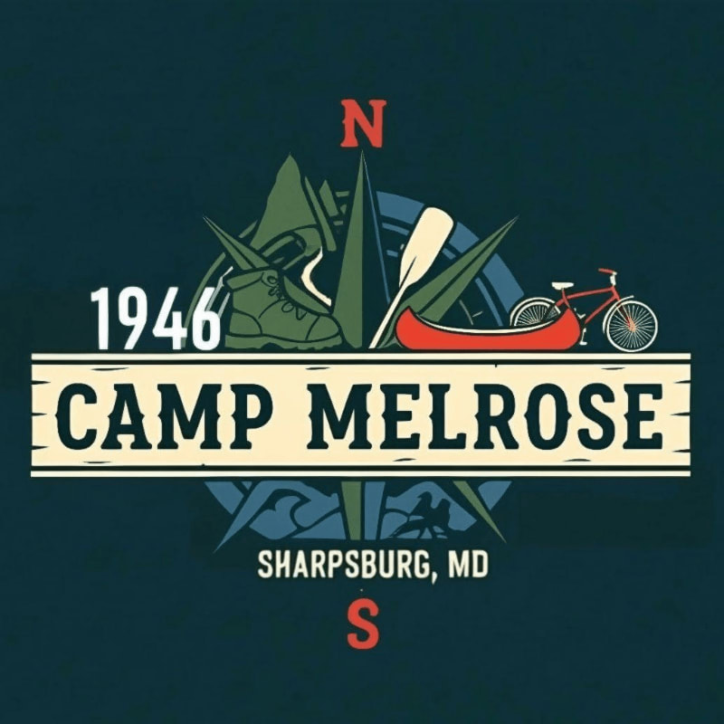 A vintage-style logo for Camp Melrose in Sharpsburg, MD, features outdoor adventure icons like a boot, canoe, and bicycle against a compass rose, with "1946" and the camp name prominently displayed.
