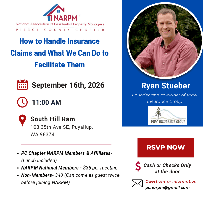 A flyer announces a NARPM event on September 16th, 2026, at 11:00 AM at South Hill Ram in Puyallup, WA, featuring Ryan Stueber, with details on pricing and RSVP information in the foreground, and a portrait of Ryan Stueber against a blue background in the background.