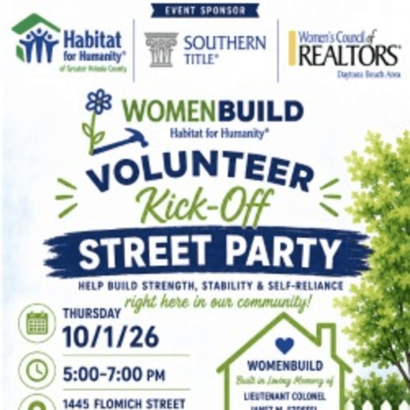 A green tree is in the foreground, and the background features a flyer for a "WomenBuild Volunteer Kick-Off Street Party" sponsored by Habitat for Humanity, Southern Title, and Women's Council of REALTORS.