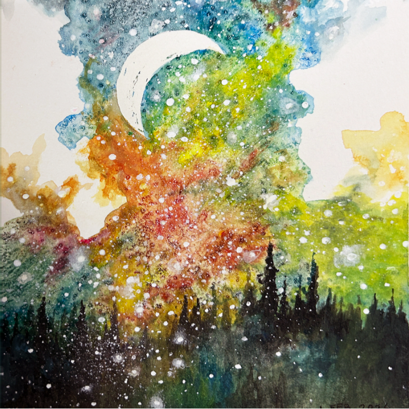 A crescent moon shines brightly over a dark, silhouetted forest, set against a vibrant, colorful nebula of blues, greens, oranges, and yellows speckled with white stars.