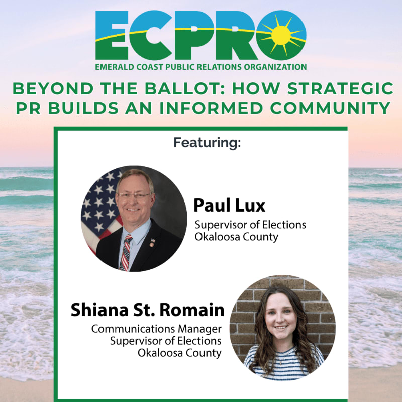A beach scene with a sunset serves as the background for a graphic promoting a presentation by Paul Lux and Shiana St. Romain of the Okaloosa County Supervisor of Elections.