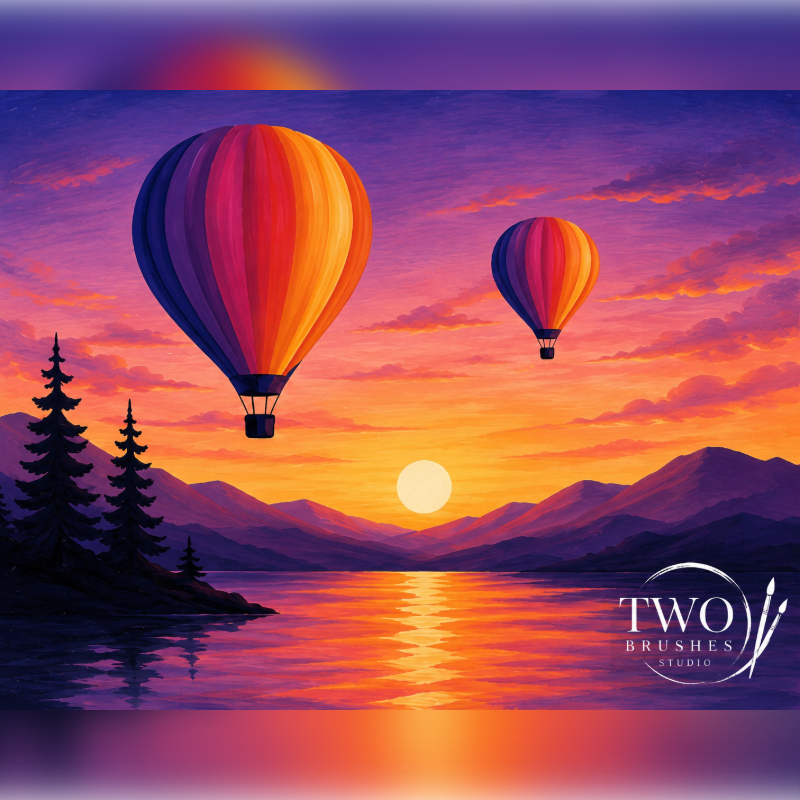 Two colorful hot air balloons float serenely over a tranquil lake reflecting a vibrant sunset, with silhouetted mountains and pine trees in the background.