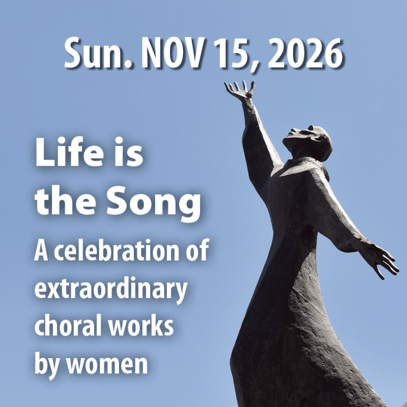 A dark statue with arms outstretched reaches towards a clear blue sky, with text announcing "Life is the Song" and a date.