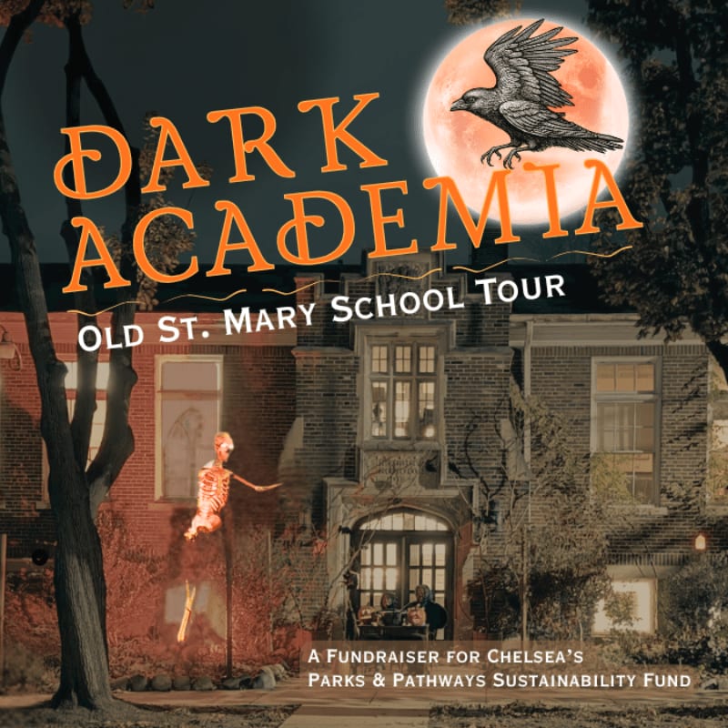 A spooky skeleton decoration stands in front of an old brick school building under a large, ominous moon with a crow silhouette.