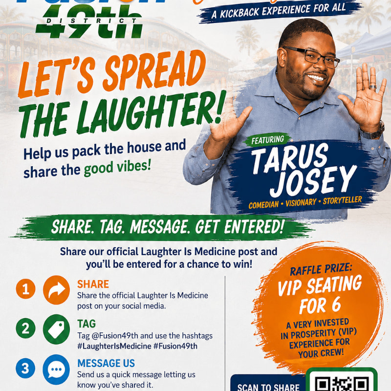 A smiling man in a blue shirt is featured in the background of a poster promoting "Let's Spread The Laughter!" with instructions for a contest in the foreground.