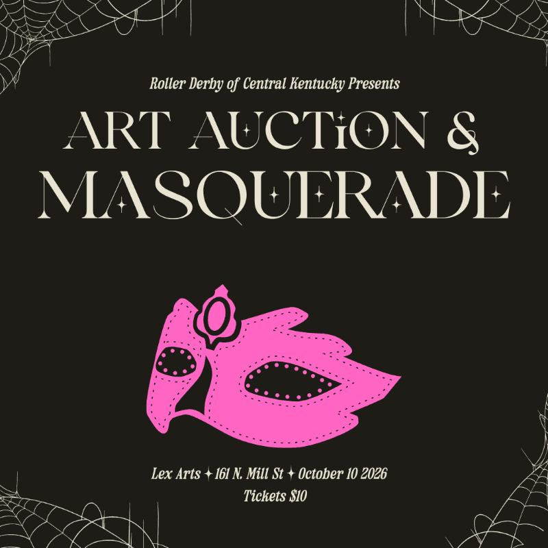 A pink masquerade mask is centered on a black background with spiderwebs in the corners, advertising an art auction and masquerade event.