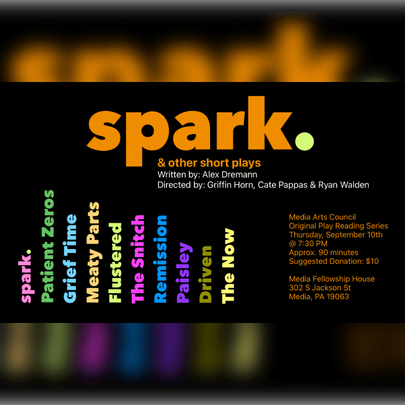 A black background with the word "spark." in large orange letters in the foreground, and a blurred background with colorful text listing play titles.