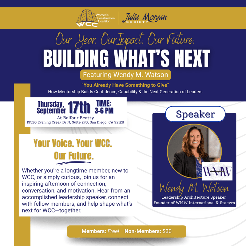 A dark blue and gold flyer announces an event featuring Wendy M. Watson, with details about the date, time, location, and cost in the foreground, and a portrait of the speaker on the right.