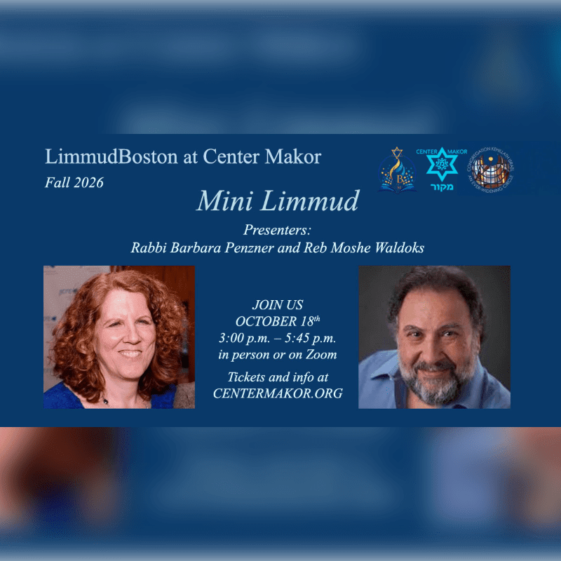 Two presenters are featured in the foreground of a blue background with event details for "Mini Limmud" at Center Makor.