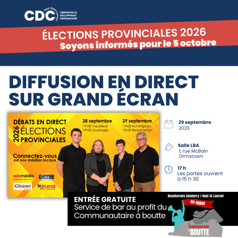 Four people stand in front of a poster advertising provincial elections, with event details and logos in the background.