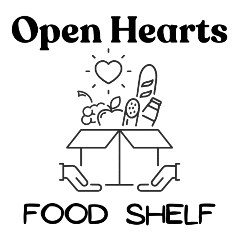 Two hands cradle an open box overflowing with food items, beneath the words "Open Hearts" and above "FOOD SHELF" on a white background.