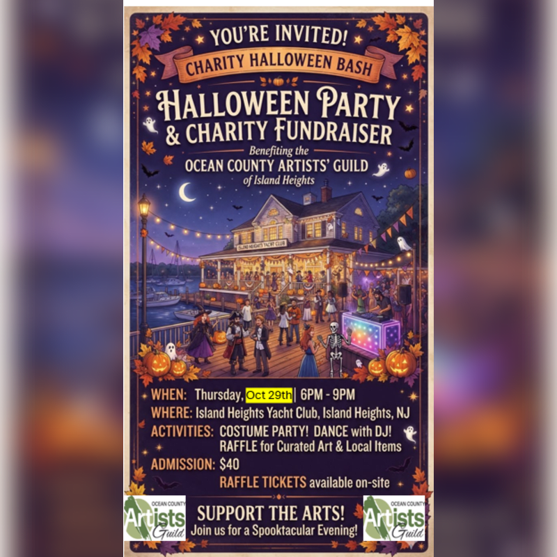 A Halloween party flyer with a spooky scene of people in costumes at a yacht club in the foreground and a moonlit sky with autumn leaves in the background.