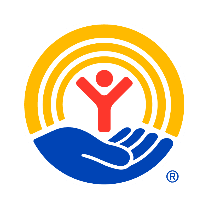 A blue hand cradles a red figure with outstretched arms, all within a yellow rainbow arch on a white background.
