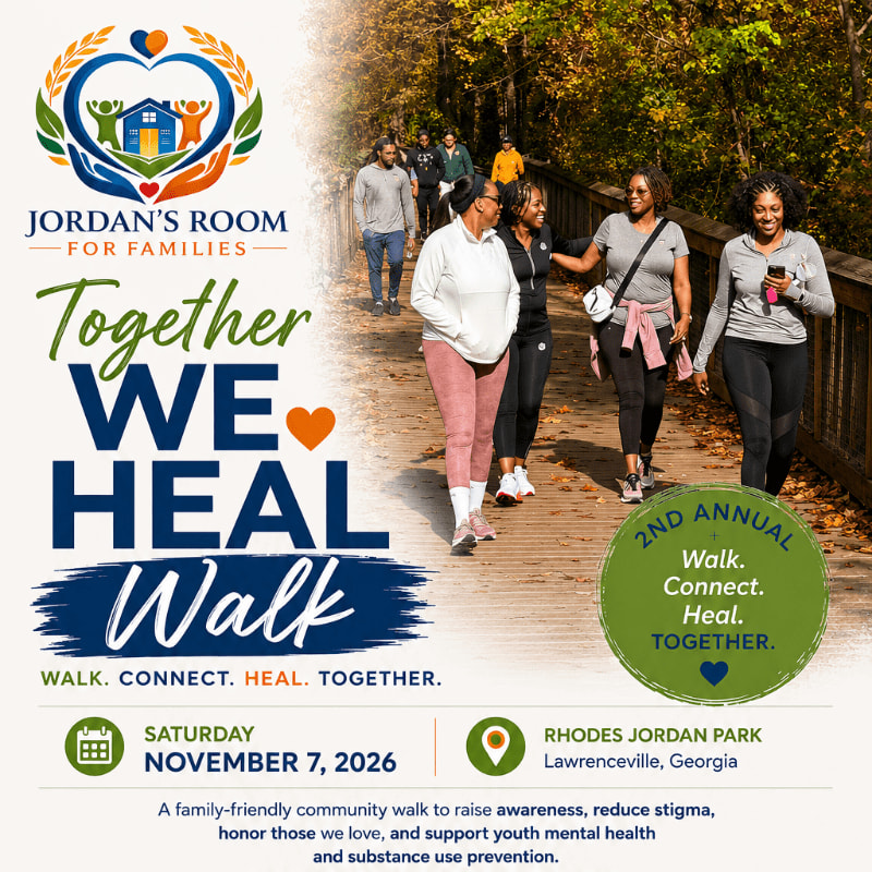 A group of smiling people walk on a wooden bridge in a park, with event details for "Jordan's Room for Families: Together We Heal Walk" overlaid on the left.
