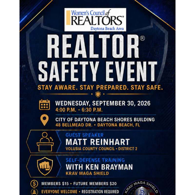A dark blue flyer advertises a Realtor Safety Event with details about the date, time, location, guest speaker Matt Reinhart, and self-defense training with Ken Brayman, all set against a background with geometric patterns and the Women's Council of Realtors logo.