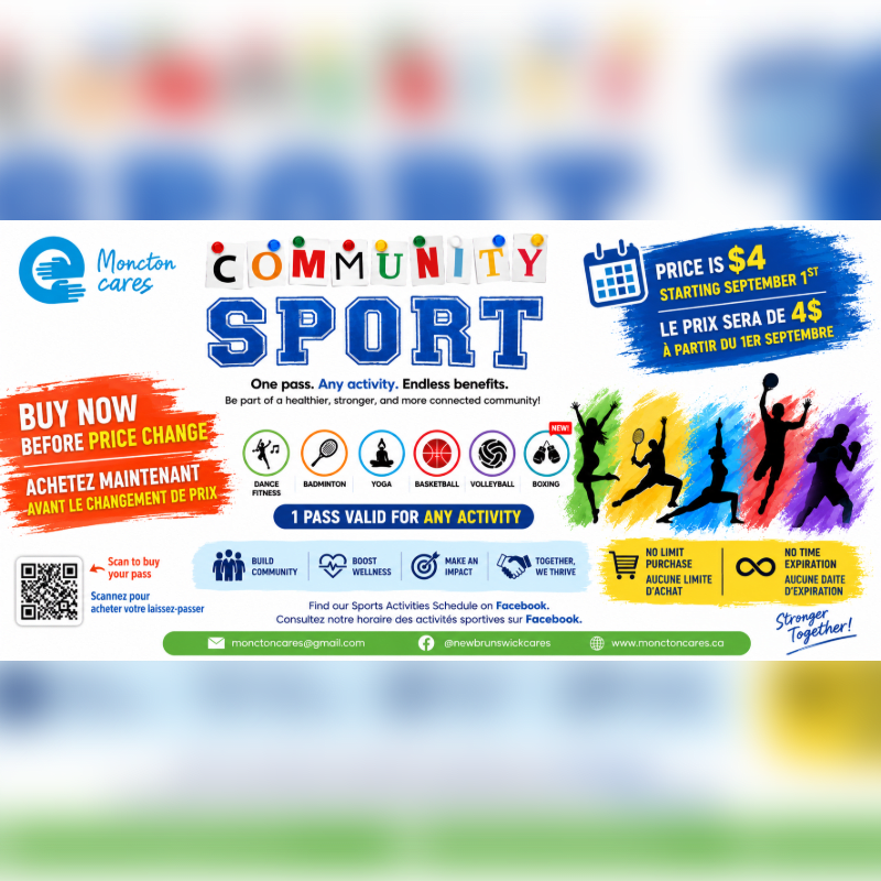A vibrant poster advertises "Community Sport" passes with colorful icons of various sports in the foreground and a blurred background of what appears to be stadium seating.