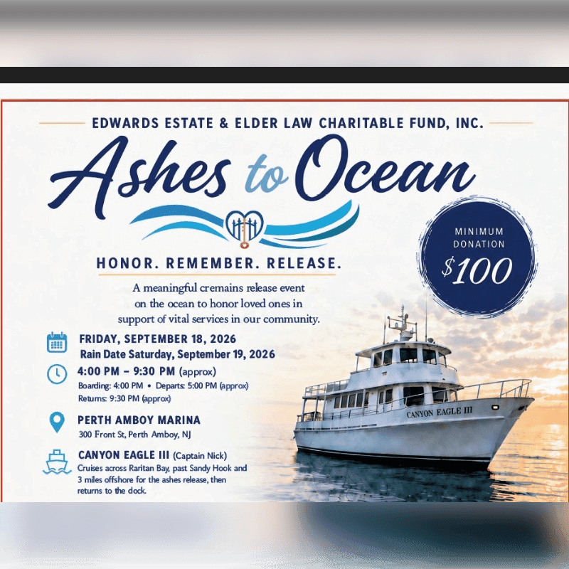 A flyer for an "Ashes to Ocean" event in the foreground features event details and a donation amount, while a boat named "Canyon Eagle III" is pictured in the background on the water.