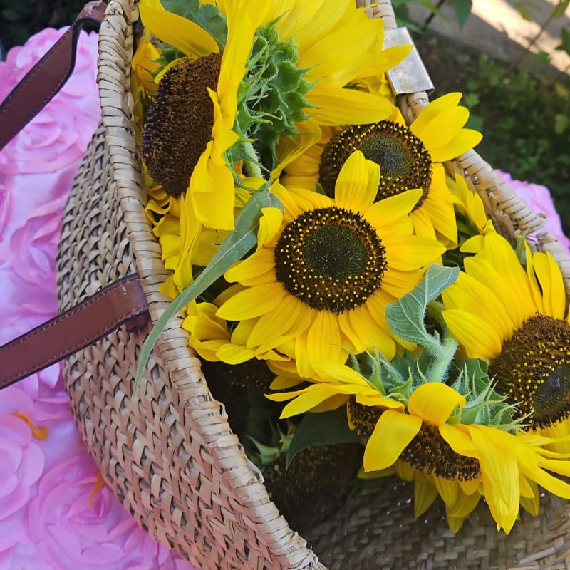 A woven basket overflows with bright sunflowers in the foreground, set against a soft pink, floral background.