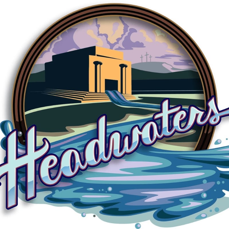 A stylized river flows from a temple-like building with three crosses in the background, with the word "Headwaters" emblazoned across the water in the foreground.