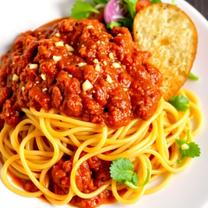 A plate of spaghetti topped with hearty meat sauce and garnished with cilantro is served with a side salad and toasted bread in the background.