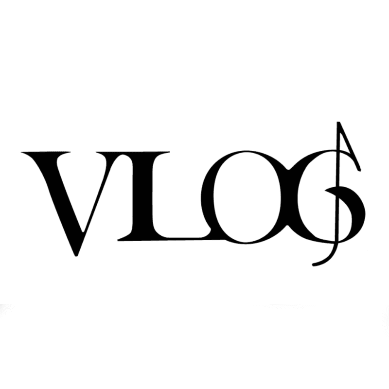 Black text spelling "VLOG" with the "G" replaced by a musical note and a dollar sign is centered on a white background.