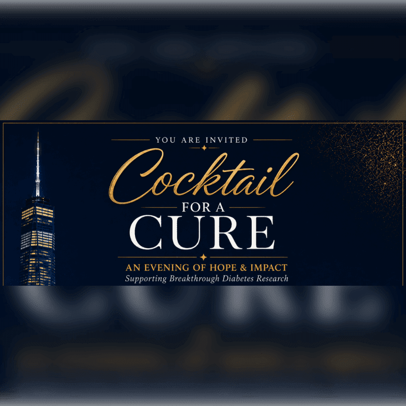 A skyscraper stands tall on the left foreground, while the background features elegant gold text announcing a "Cocktail for a Cure" event supporting diabetes research.