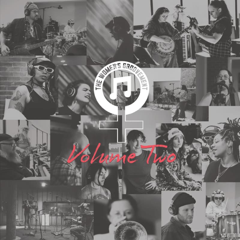 A collage of black and white photos of women playing music fills the frame, with the text "THE WOMEN'S GROOVEUMENT Volume Two" prominently displayed in the center.