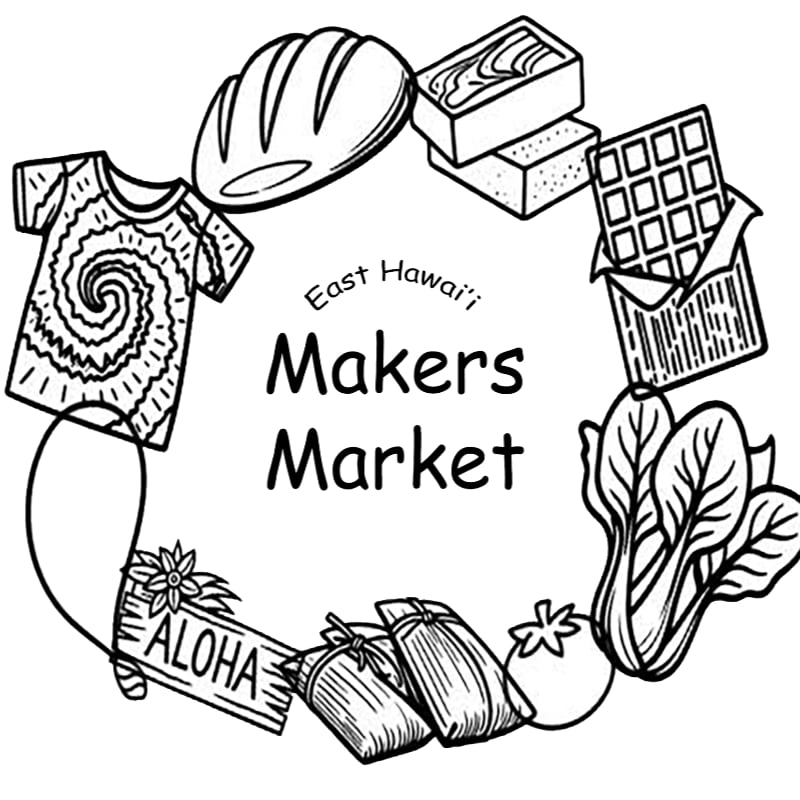 A circular arrangement of food and crafts, including a tie-dye shirt, bread, butter, chocolate, vegetables, tamales, and a tomato, surrounds the text "East Hawai'i Makers Market" on a white background.