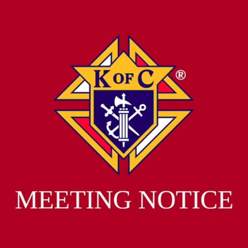 A Knights of Columbus emblem is centered on a red background above the words "MEETING NOTICE" in white text.