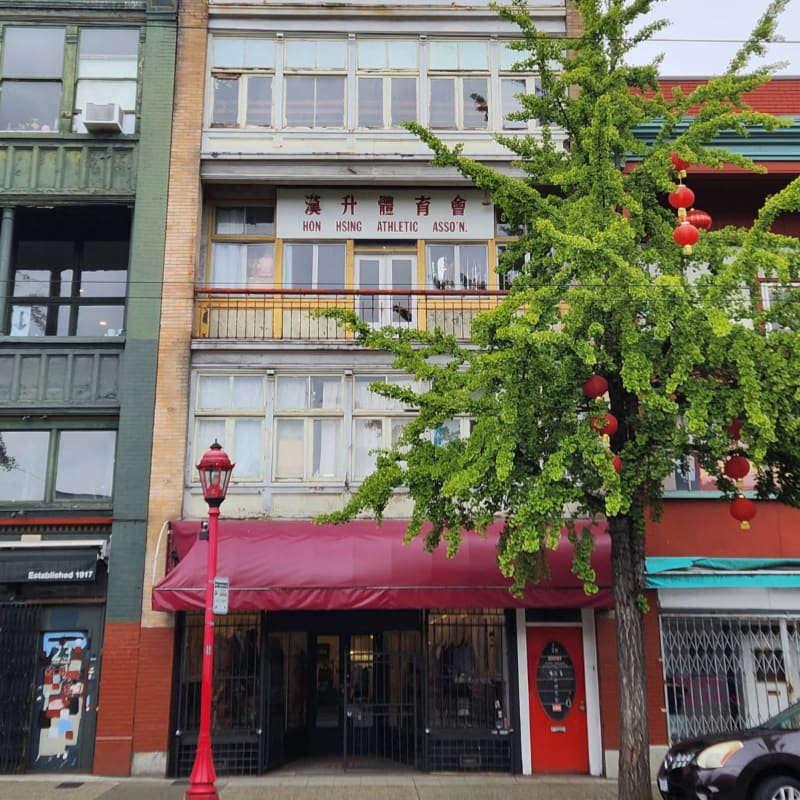 A vibrant green tree with red lanterns in the foreground stands before a multi-story building with Chinese characters and a red awning in the background.