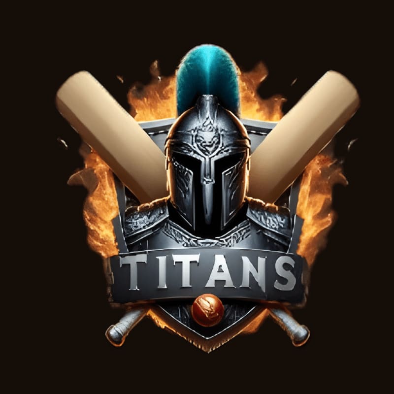 A warrior's helmet and armor, emblazoned with the word "TITANS" and crossed cricket bats, are set against a backdrop of fiery flames.